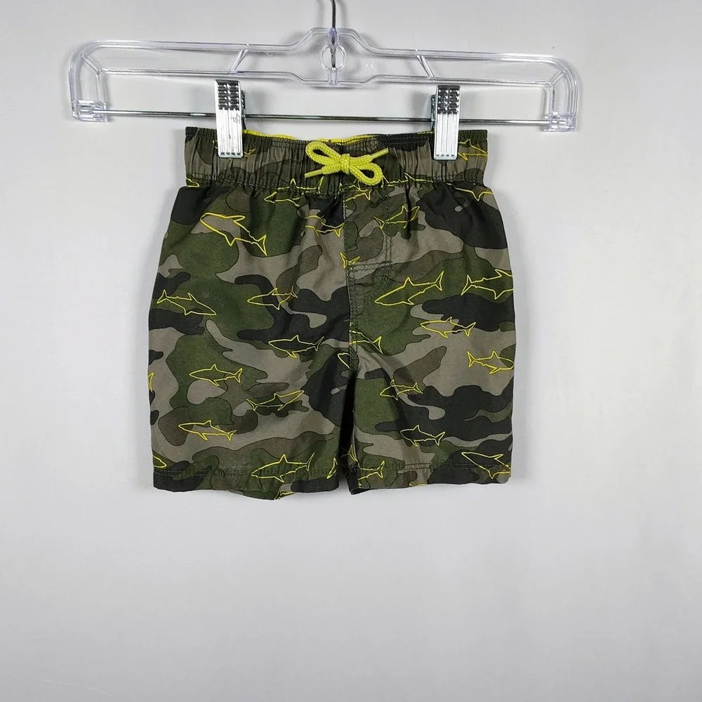 Old Navy Boys Camo Shark Swim Trunks Green Neon Yellow Mesh Lining 18-24M